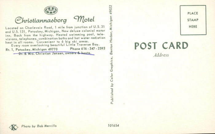 Bay Inn of Petoskey (Christiannasborg Motel) - Vintage Postcard Back